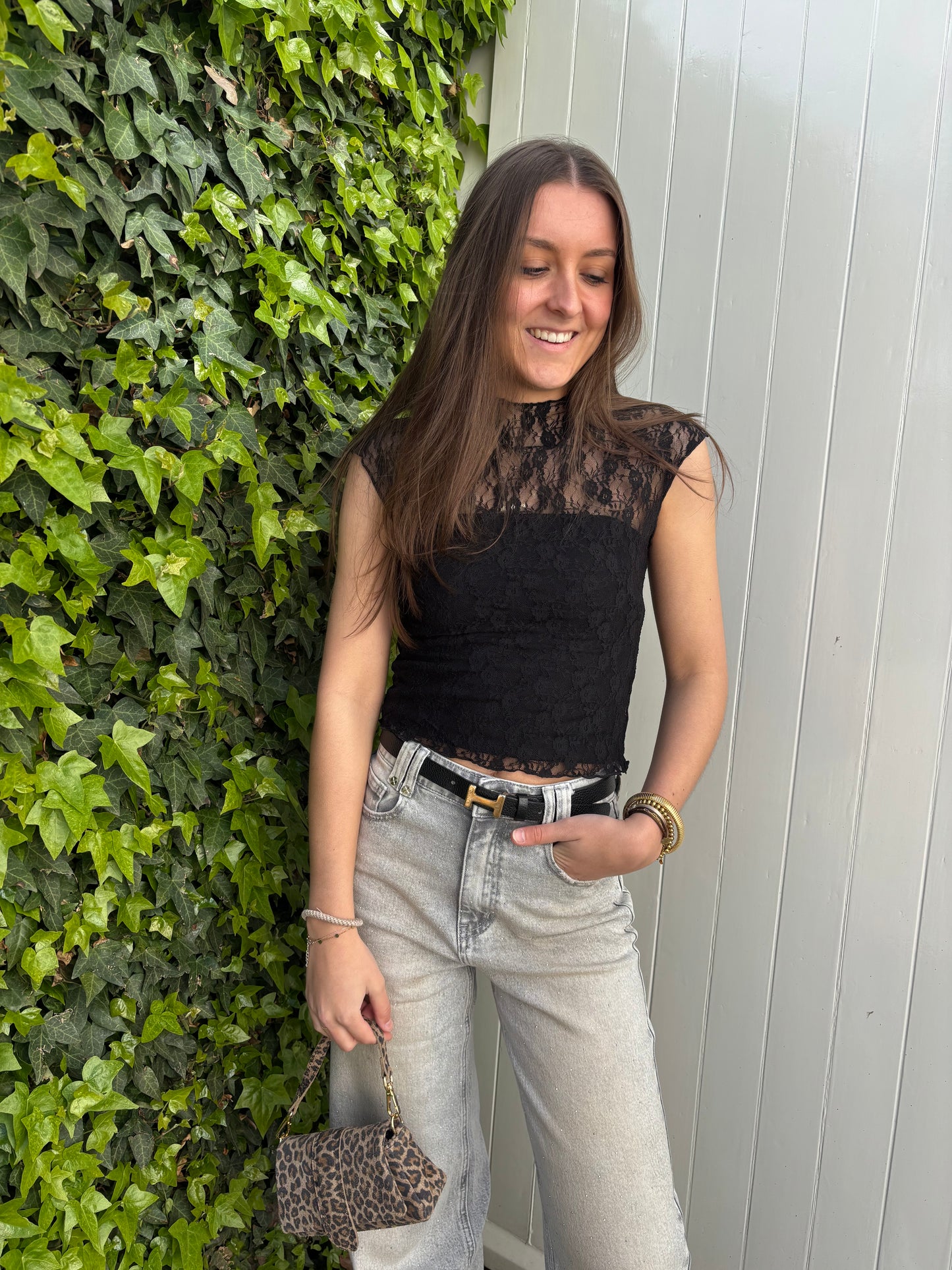 Lace top korte mouw - zwart