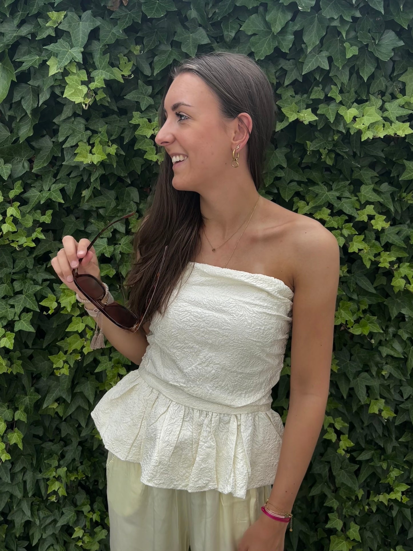 Strapless top bloemen - beige