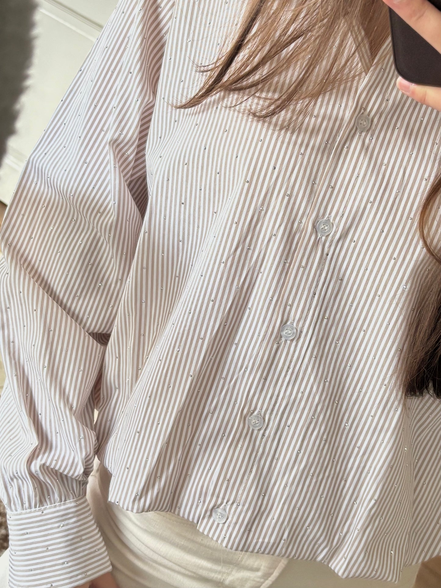 Gestreepte glitter blouse - taupe