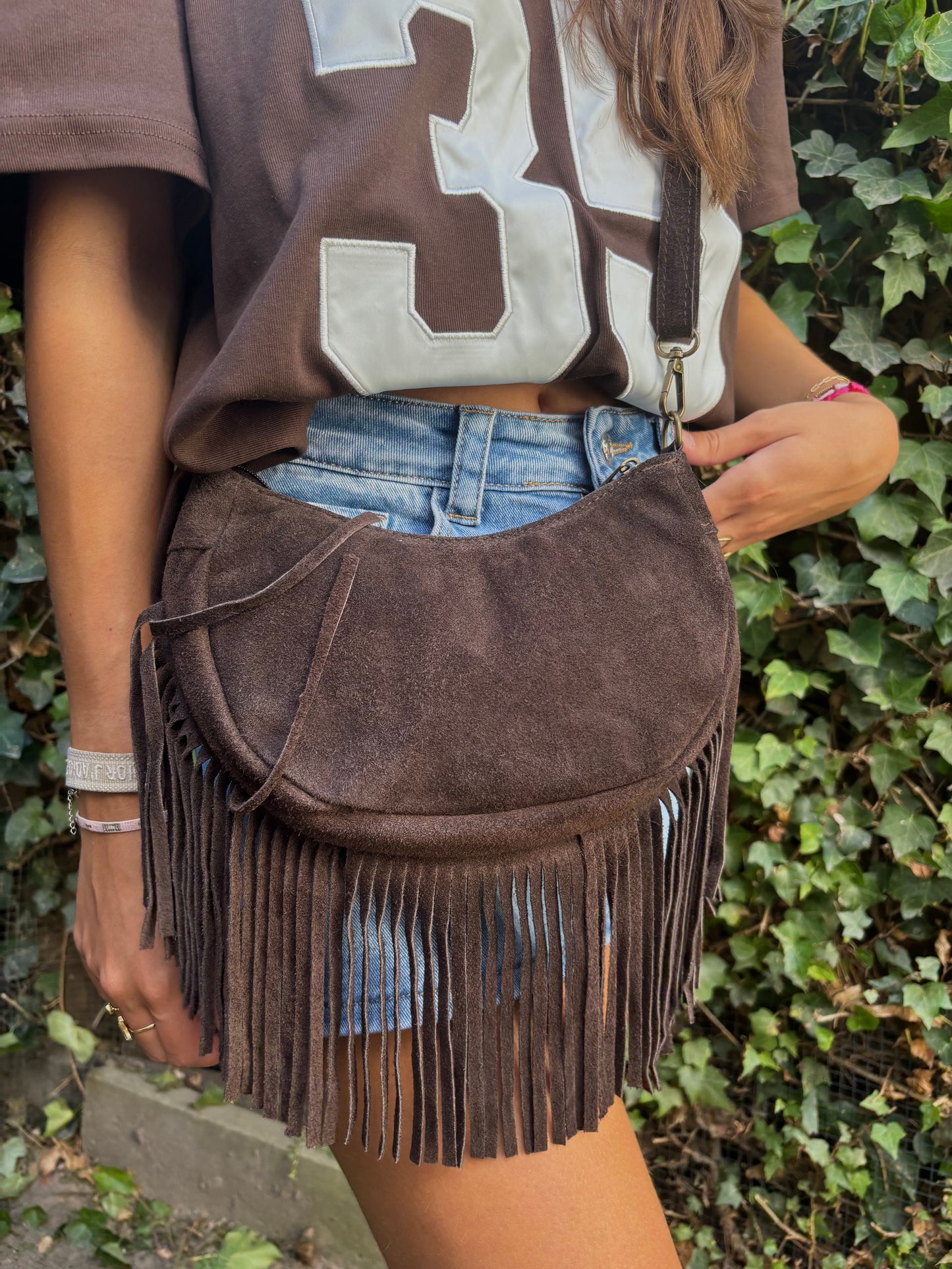 Suede schoudertas franjes - bruin