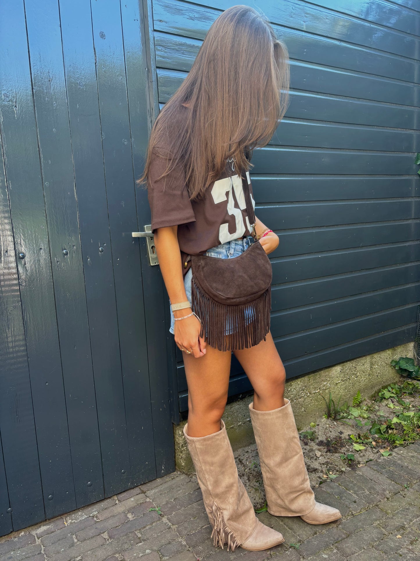 Suede schoudertas franjes - bruin