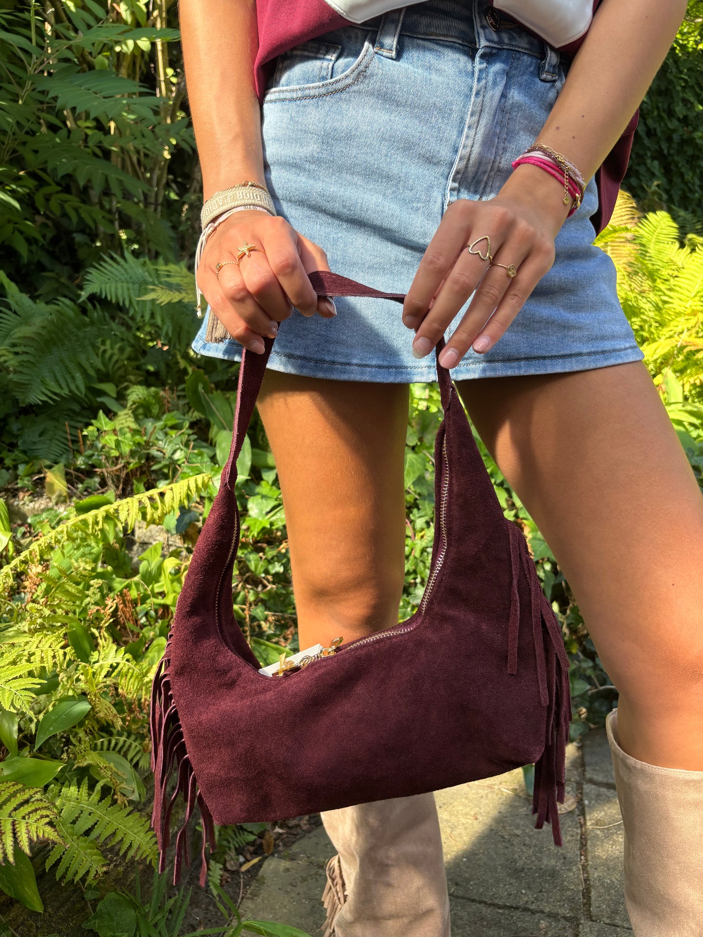 Suede schoudertas franjes - bordeaux rood