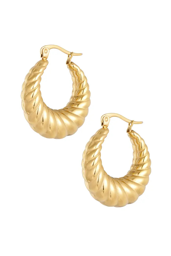 Wauw! Hoe tof zijn deze statement gouden gedraaide ovalen oorbellen in een sierlijk model! Mega trendy en superleuk te combineren met meerdere statement sieraden. Erg leuk om deze oorbellen tijdens een feestje of festival te dragen. De oorbellen zijn gemaakt van stainless steel en hebben een afmeting van 3,15 cm.