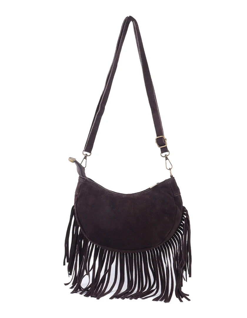 Suede schoudertas franjes - bruin