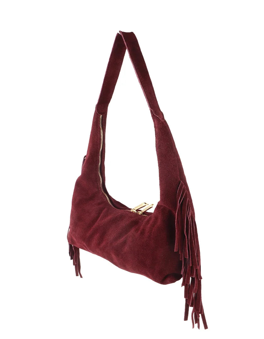 Suede schoudertas franjes - bordeaux rood