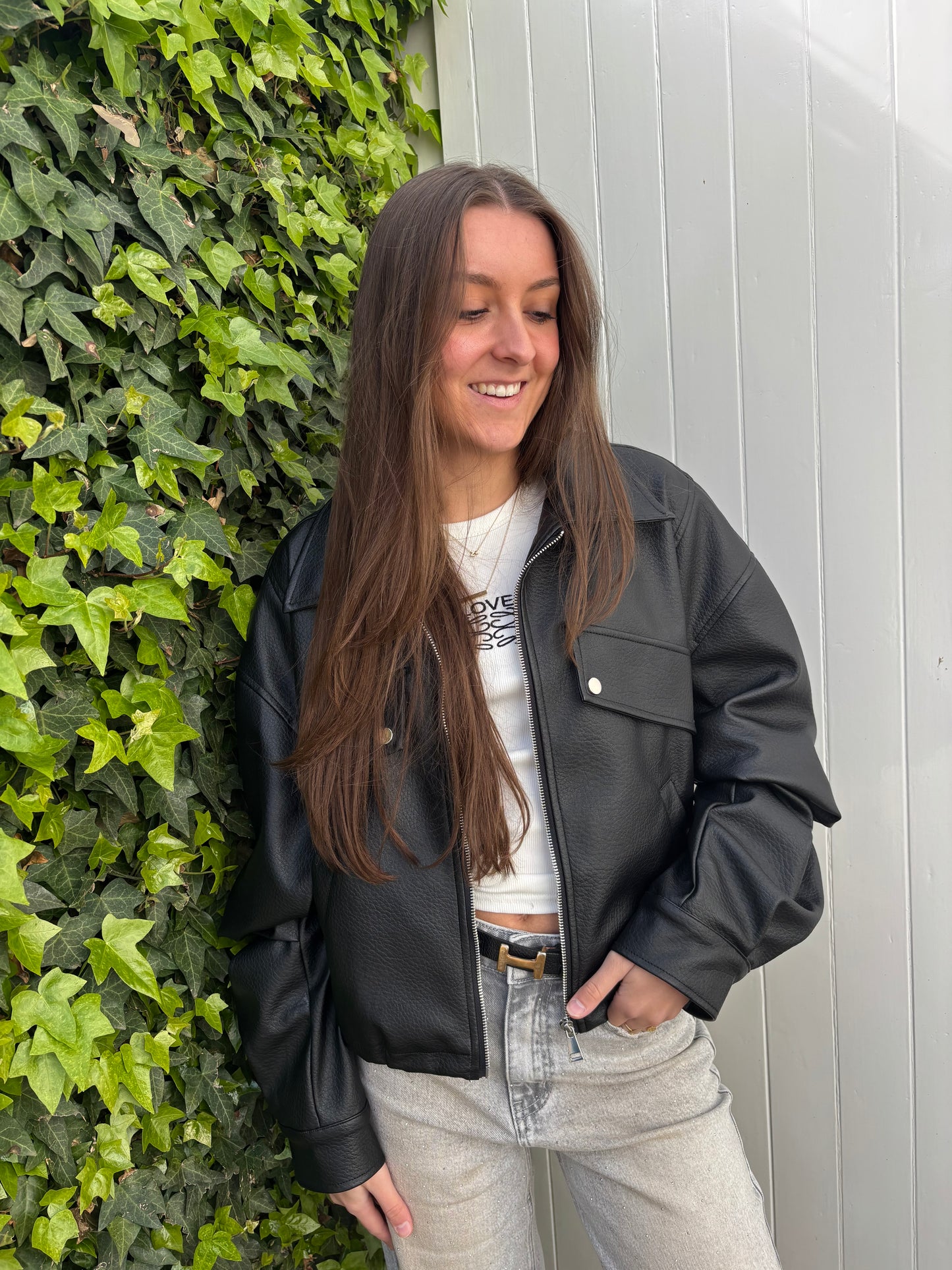 Ambika leather look bomberjack - zwart