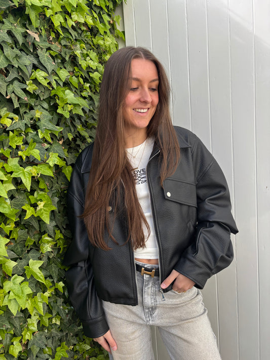 Ambika leather look bomberjack - zwart
