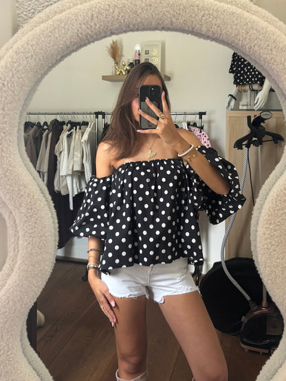 Off shoulder polkadot top - zwart