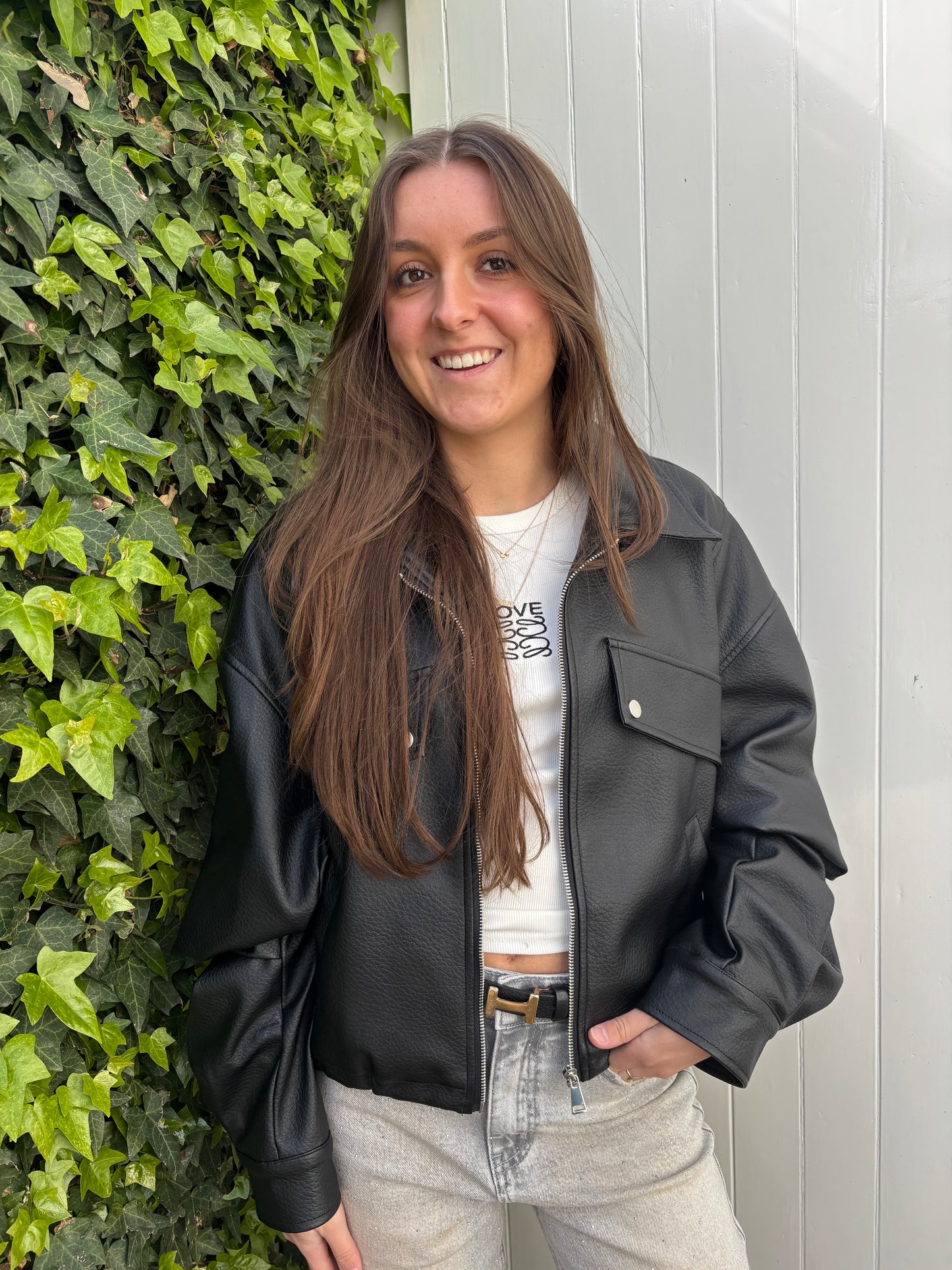 Ambika leather look bomberjack - zwart