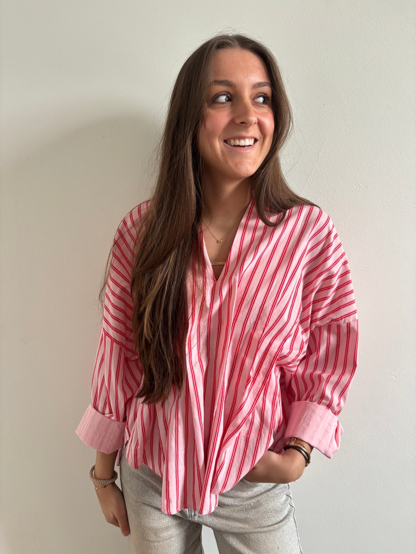 Gestreepte blouse- roze
