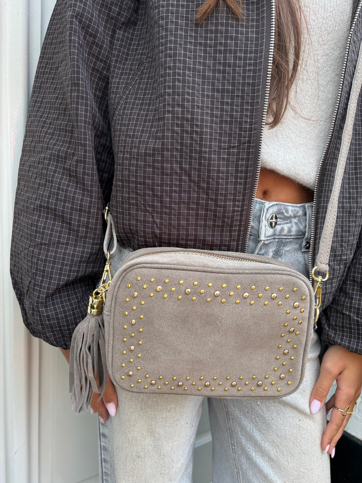 Suède tas studs - taupe/grijs