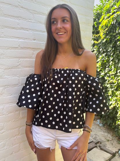 Off shoulder polkadot top - zwart