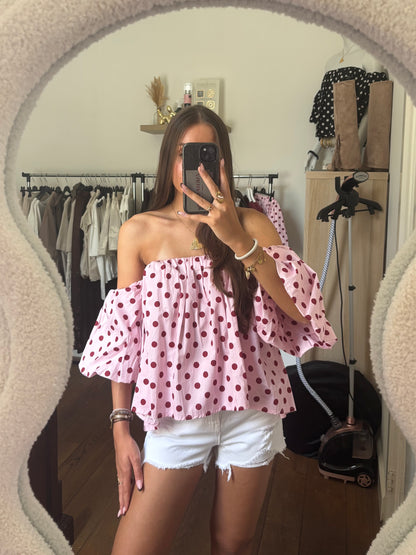 Off shoulder polkadot top - roze
