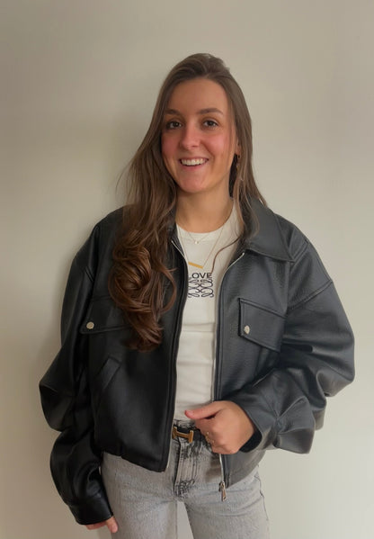 Ambika leather look bomberjack - zwart