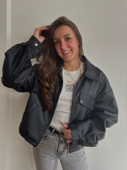 Ambika leather look bomberjack - zwart