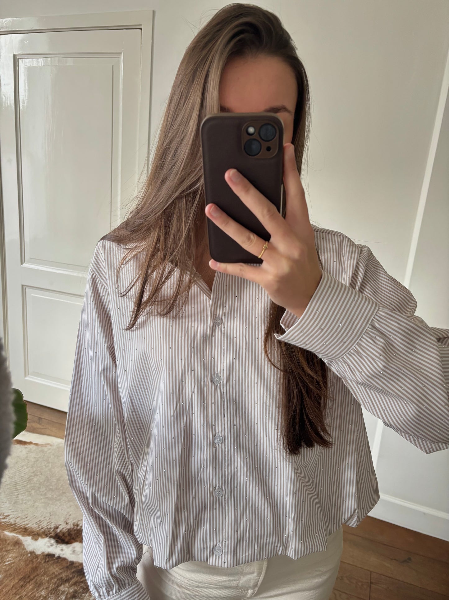 Gestreepte glitter blouse - taupe
