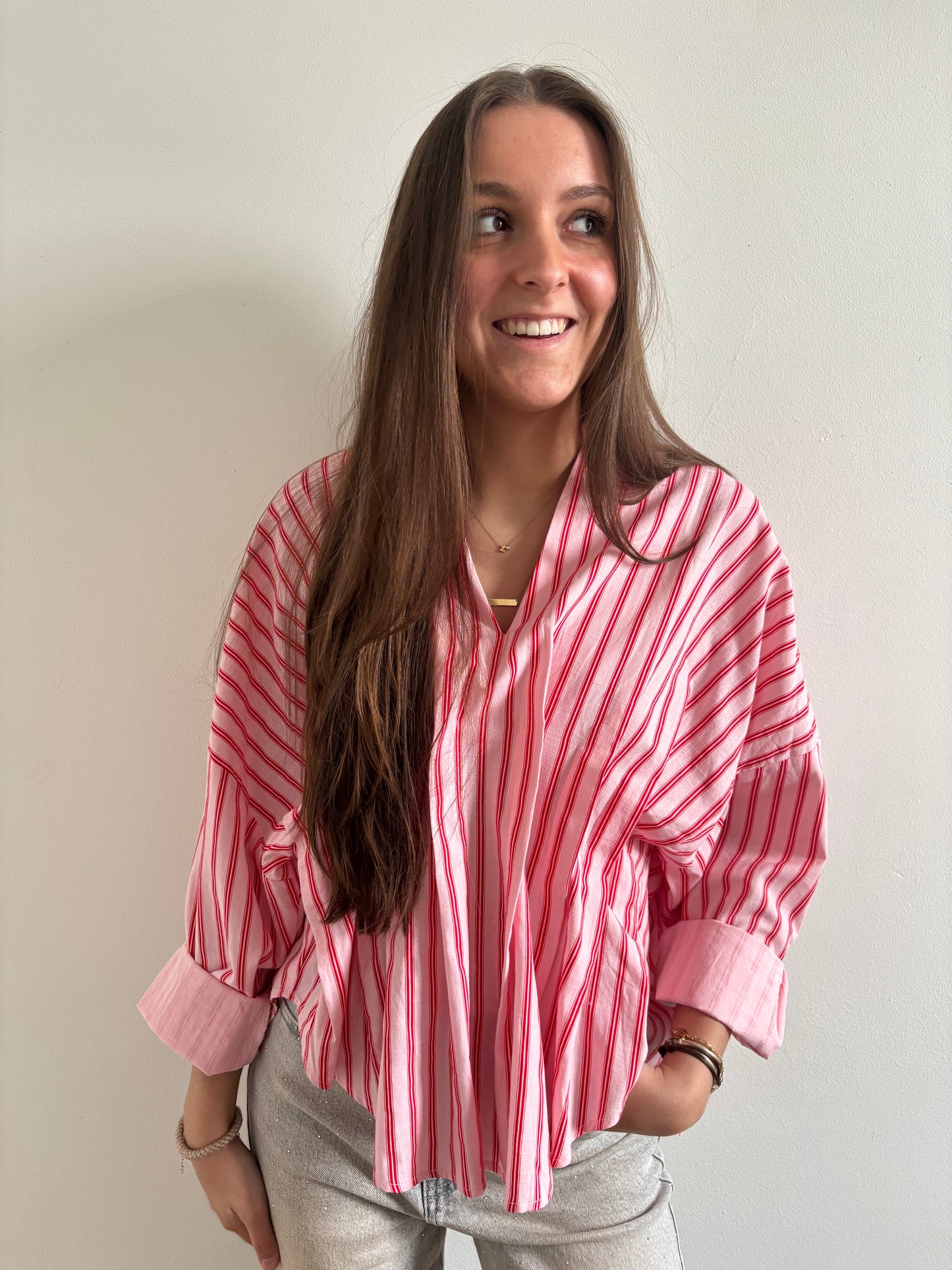 Gestreepte blouse- roze