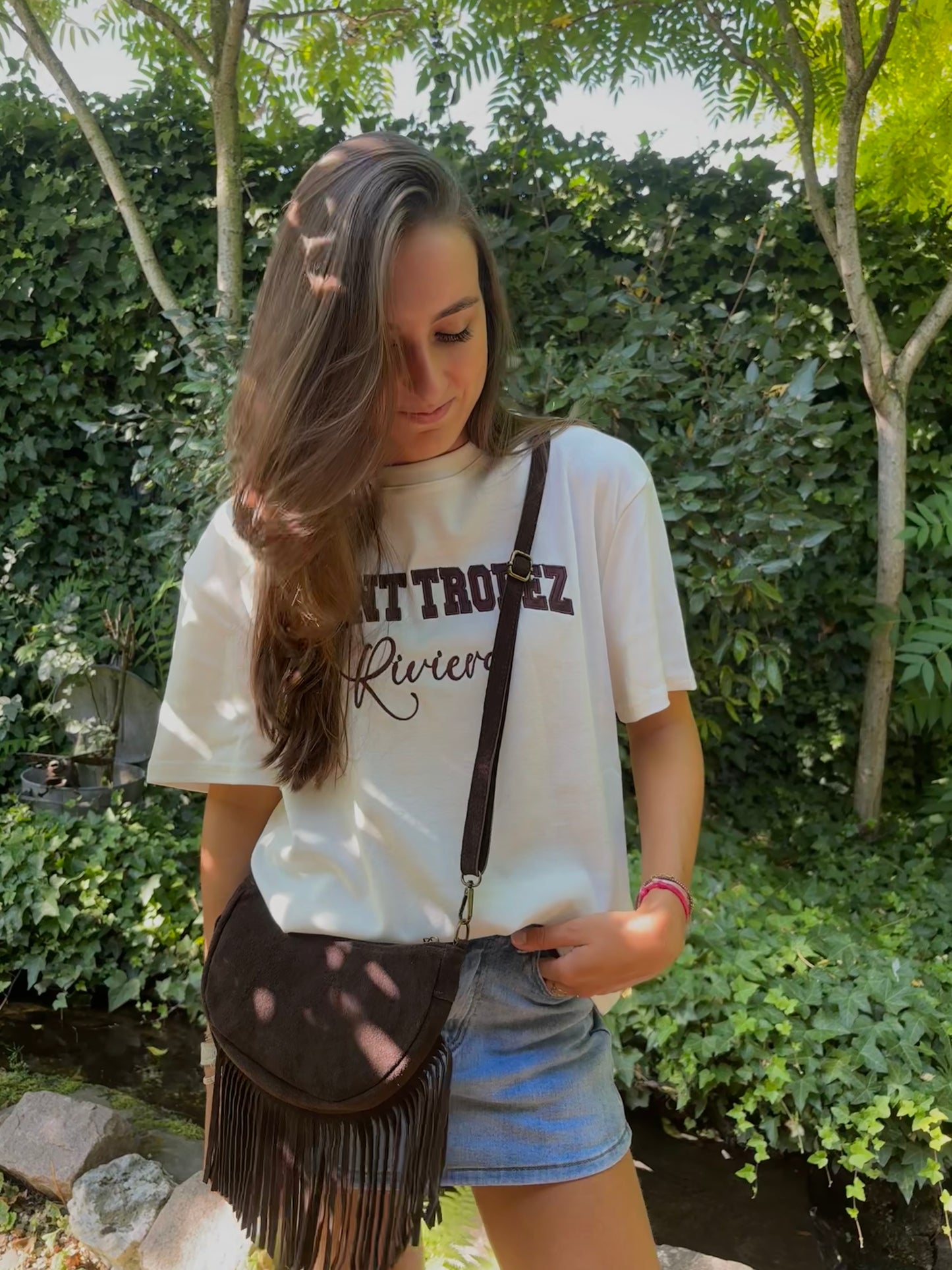 Suede schoudertas franjes - bruin