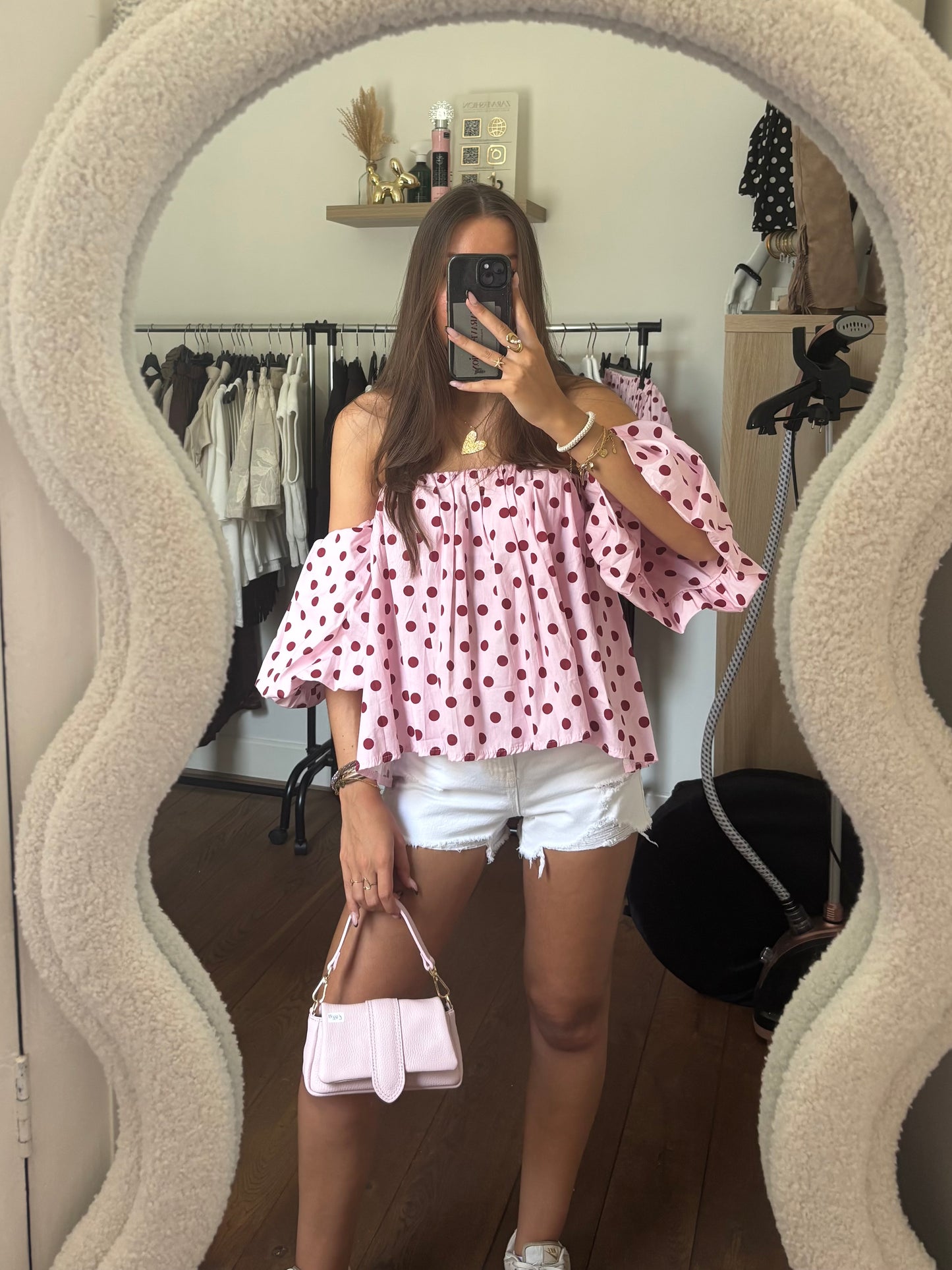 Off shoulder polkadot top - roze