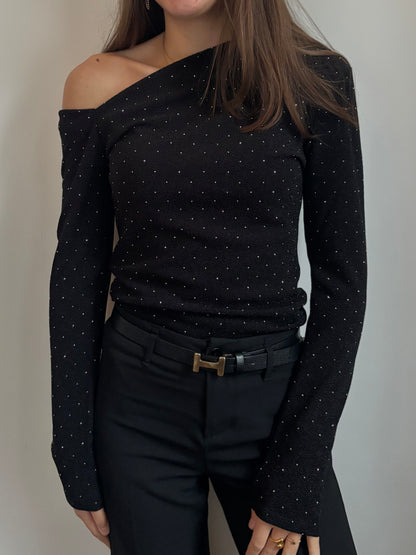 Glitter asymmetrische top - zwart