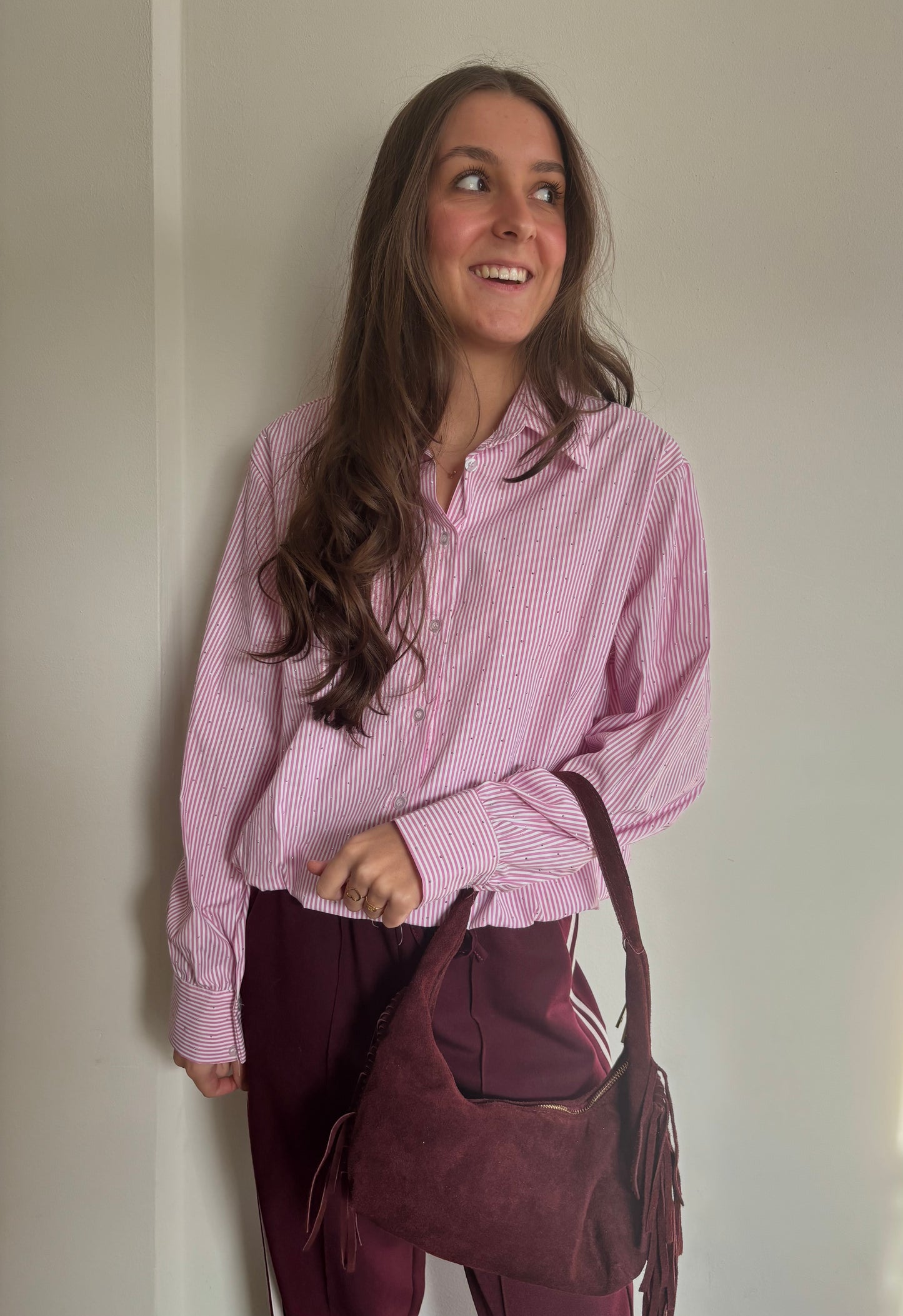 Gestreepte glitter blouse - roze