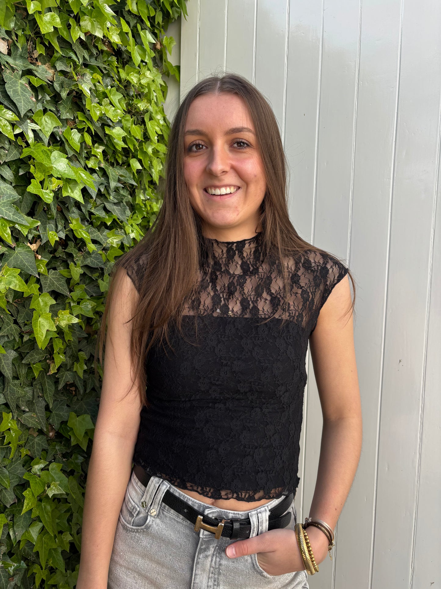 Lace top korte mouw - zwart