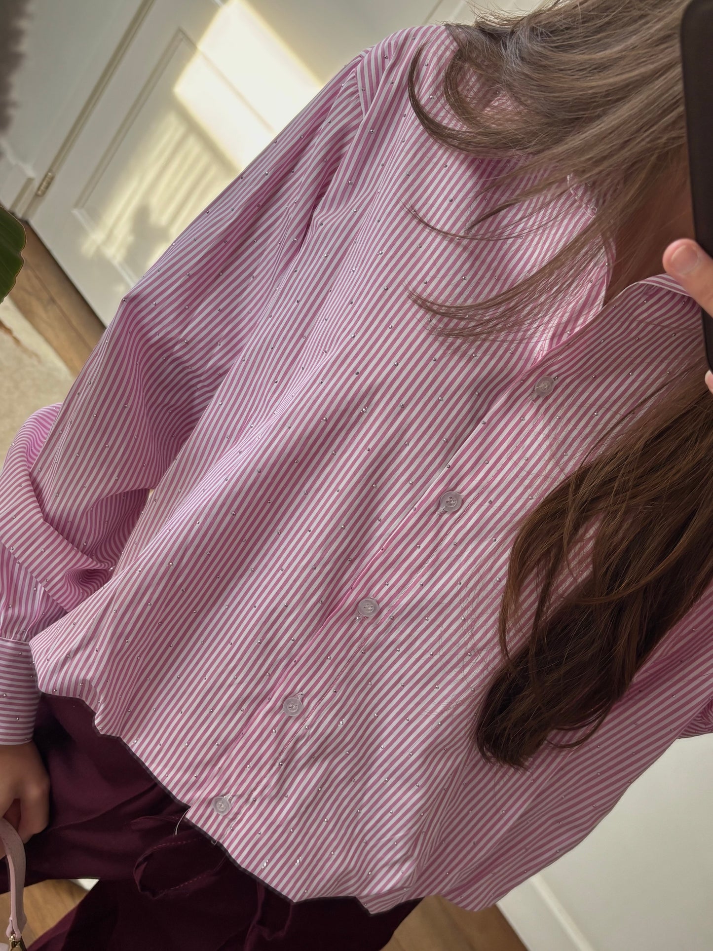 Gestreepte glitter blouse - roze