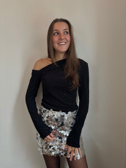Glitter asymmetrische top - zwart