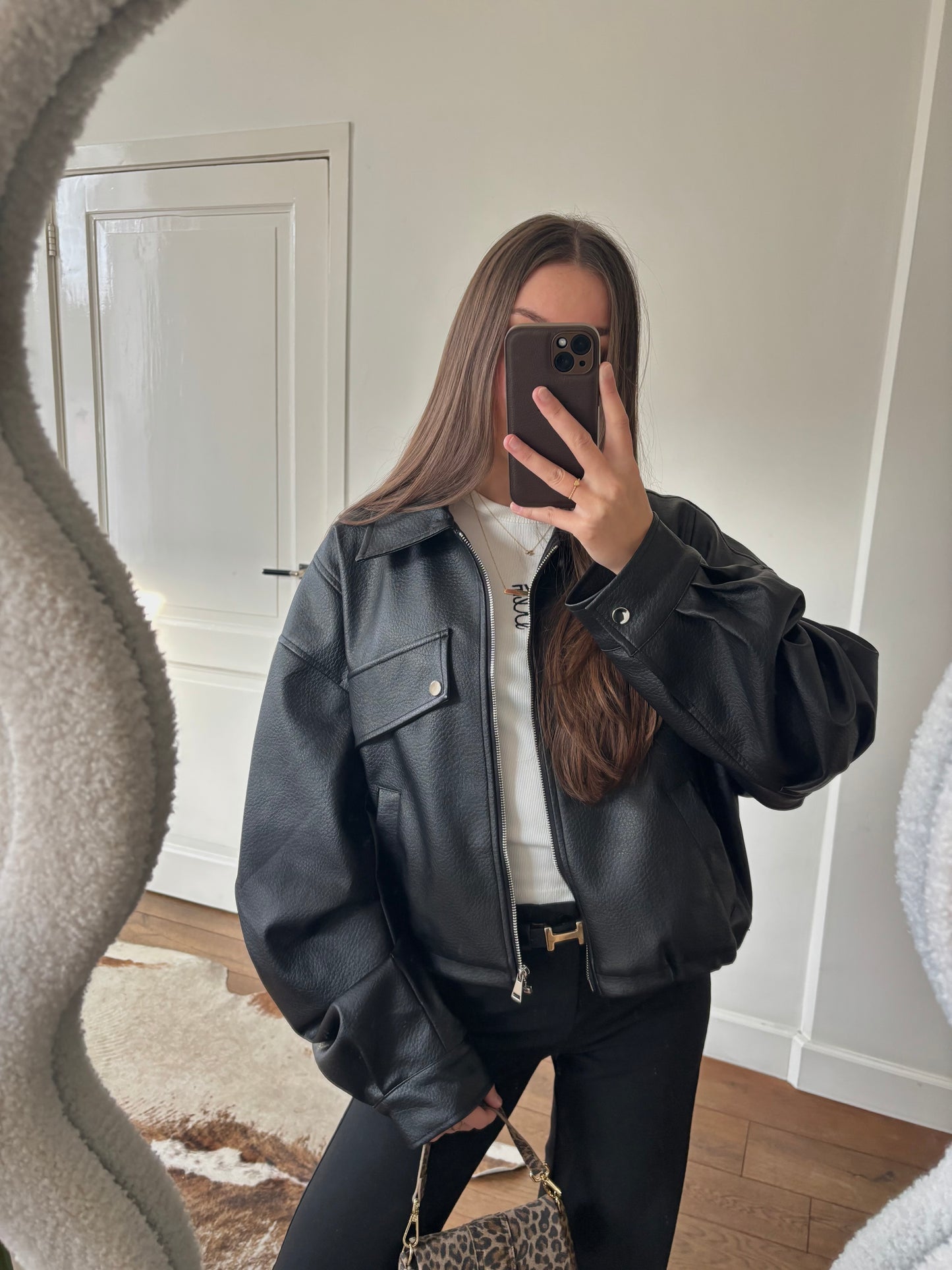 Ambika leather look bomberjack - zwart