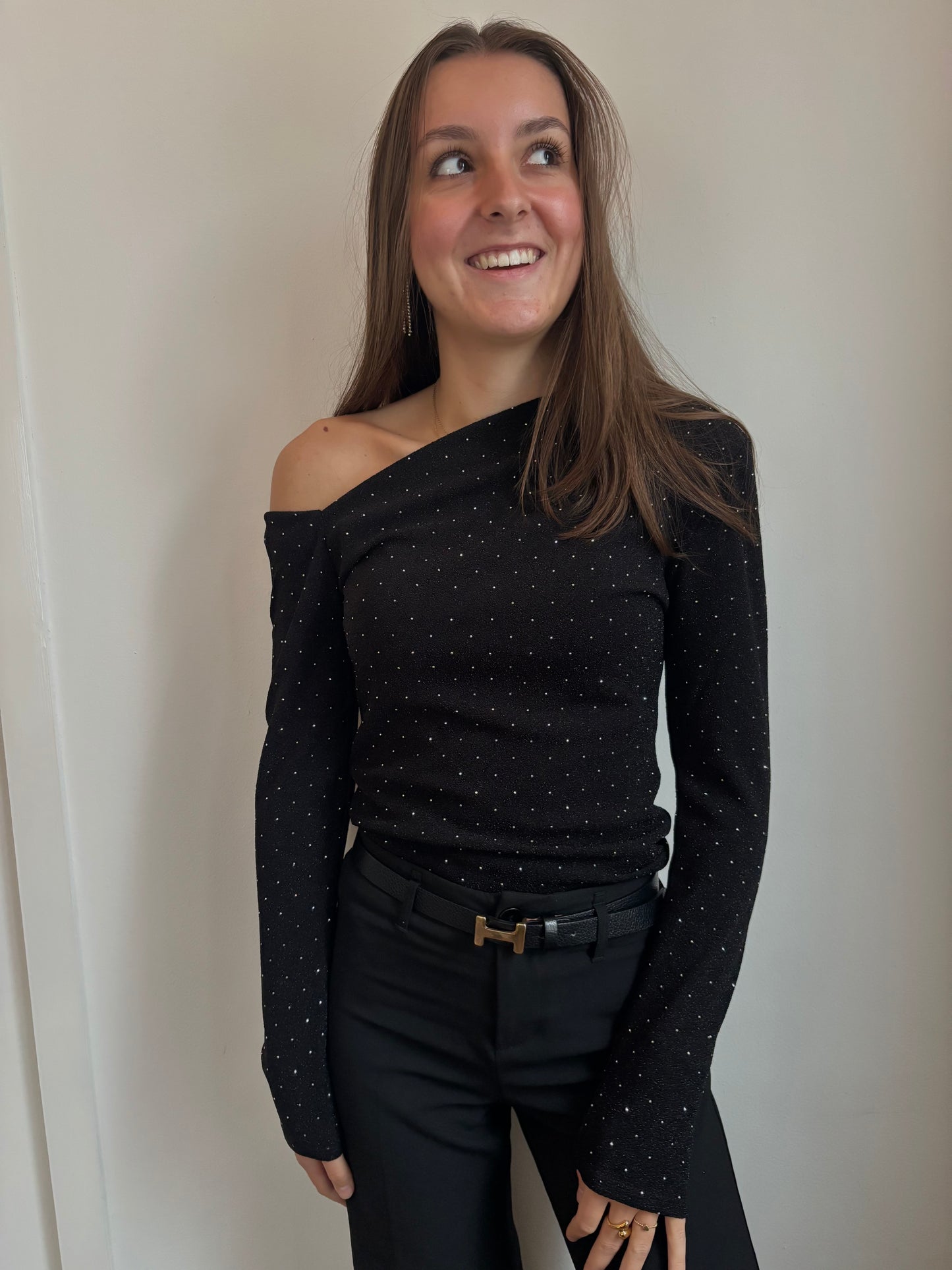 Glitter asymmetrische top - zwart