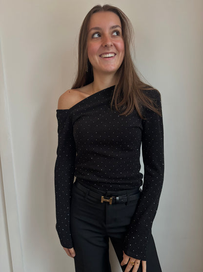 Glitter asymmetrische top - zwart
