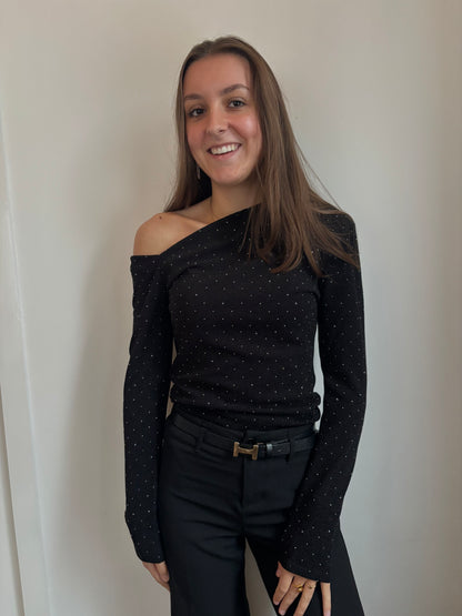 Glitter asymmetrische top - zwart