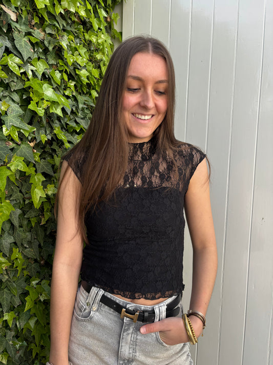 Lace top korte mouw - zwart