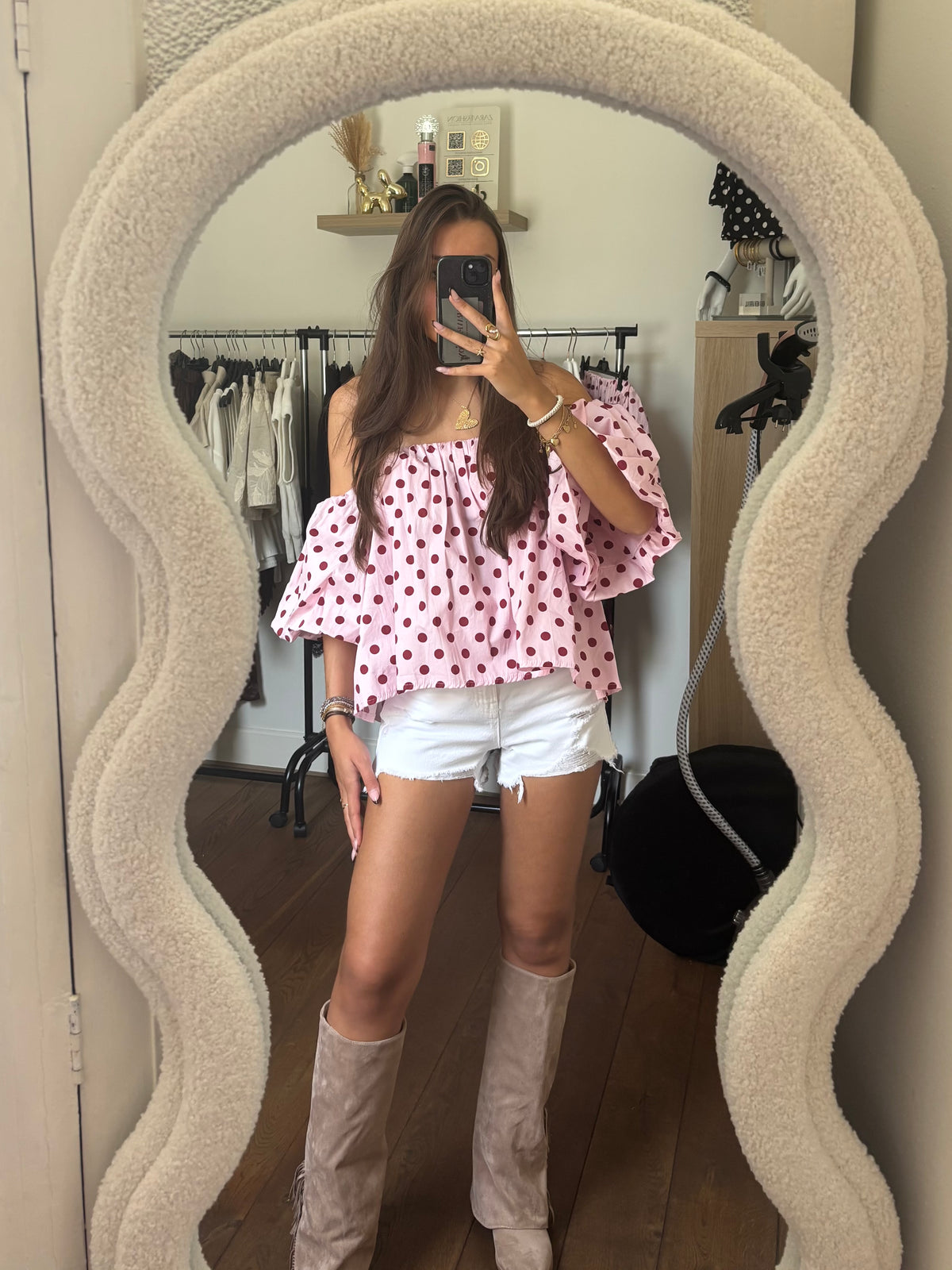 Off shoulder polkadot top - roze
