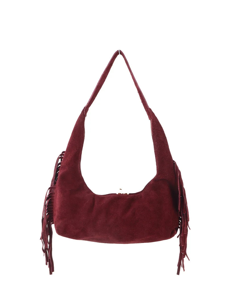 Suede schoudertas franjes - bordeaux rood