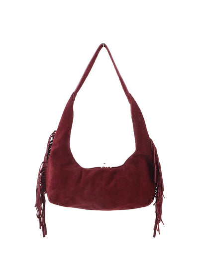 Suede schoudertas franjes - bordeaux rood