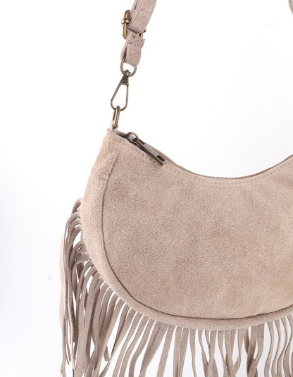 Suede schoudertas franjes - bruin